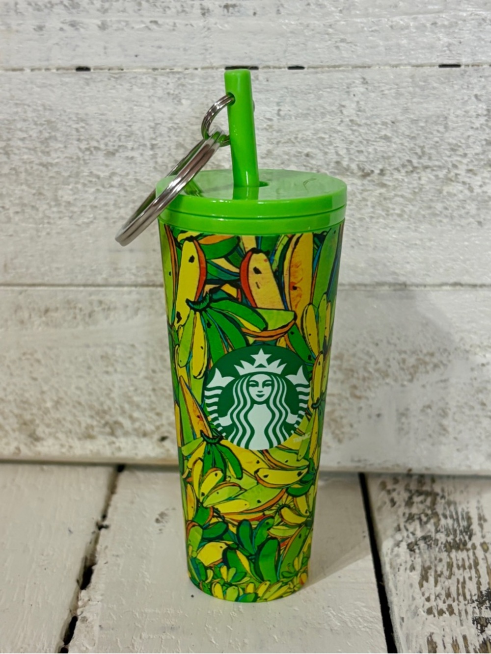 Starbucks Green & Yellow Banana Print Mini Tumbler Keychain
